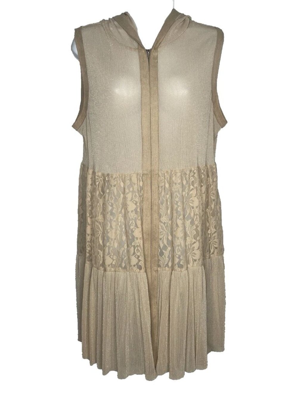 Vocal Hooded Zip Duster Vest Size M Sheer Beige Sparkle Mesh Lace Faux Suede